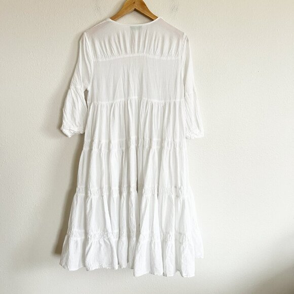 Devotion Twins Dress White Gauze Ruffle Midi V-Neck 3/4 Sleeve Peasant - Picture 5 of 8